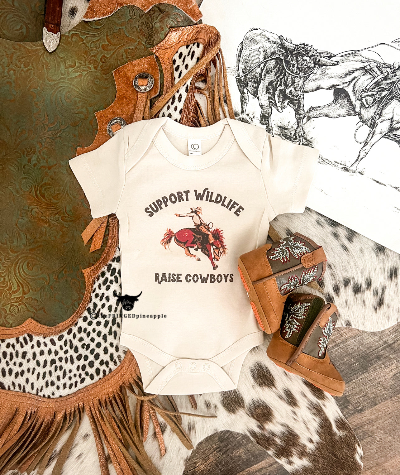 Support Wildlife Raise Cowboy S/S Onesie/S/S Tee(little kid)(Natural)