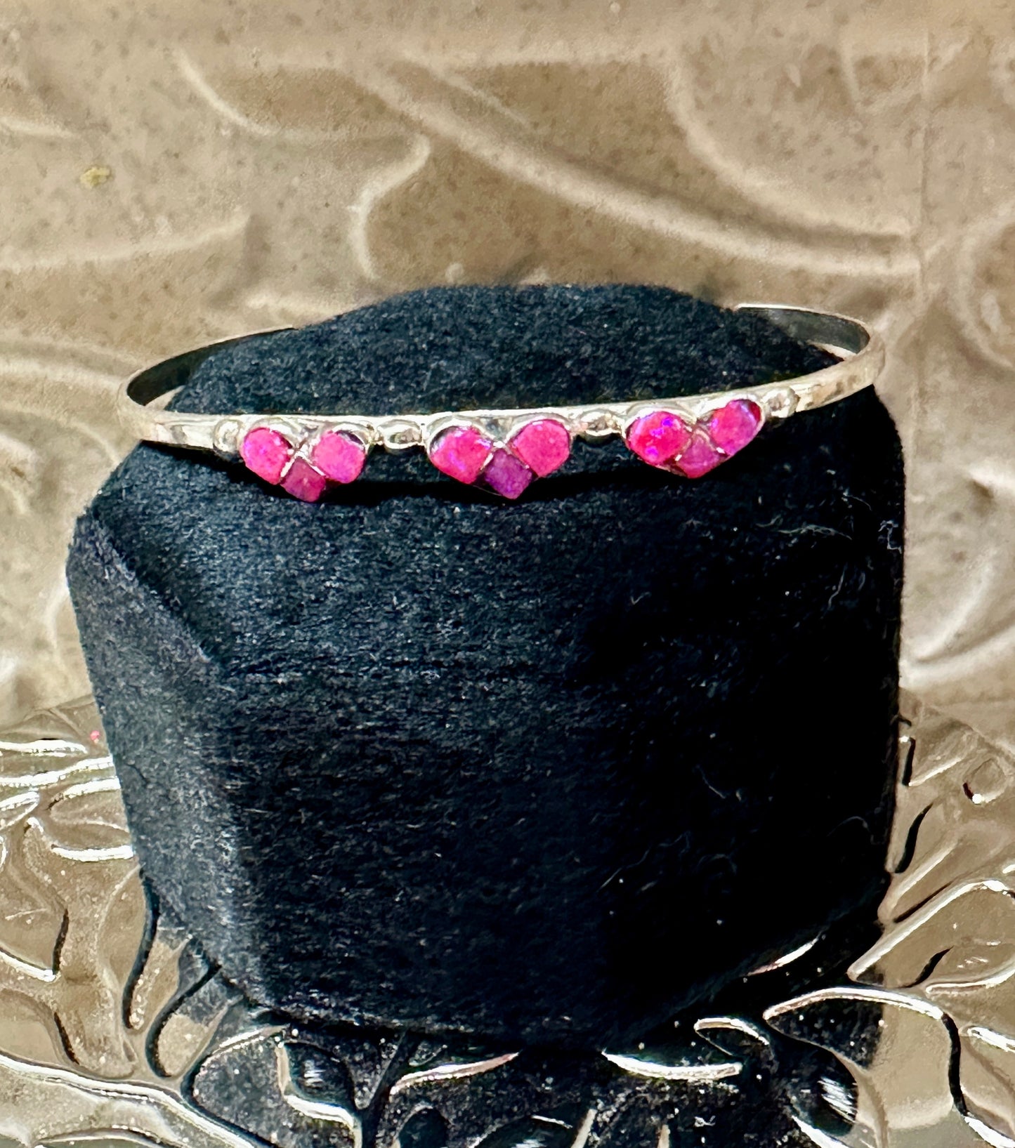 Sterling Silver Opal Three Hot Pink Hearts Baby Cuff Bracelet