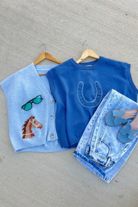The Della Cropped Western Cardigan in Blue