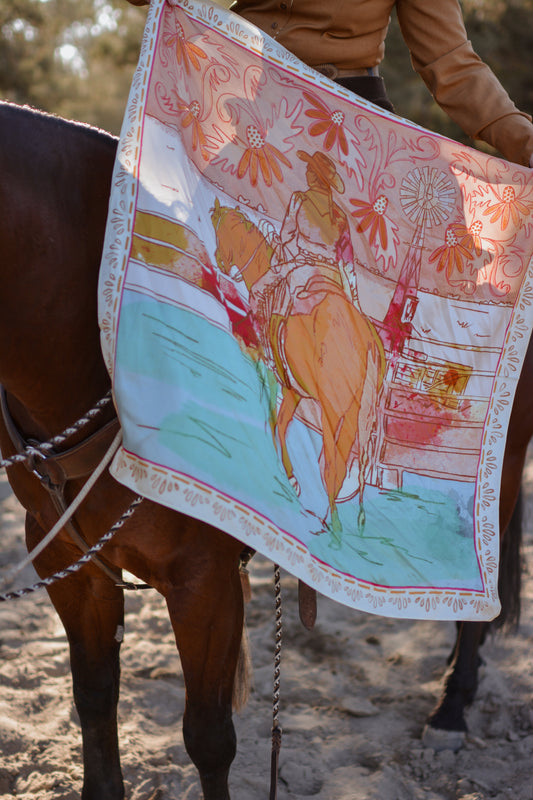 Western Corral and Floral Horse Rider Silk Wild Rag