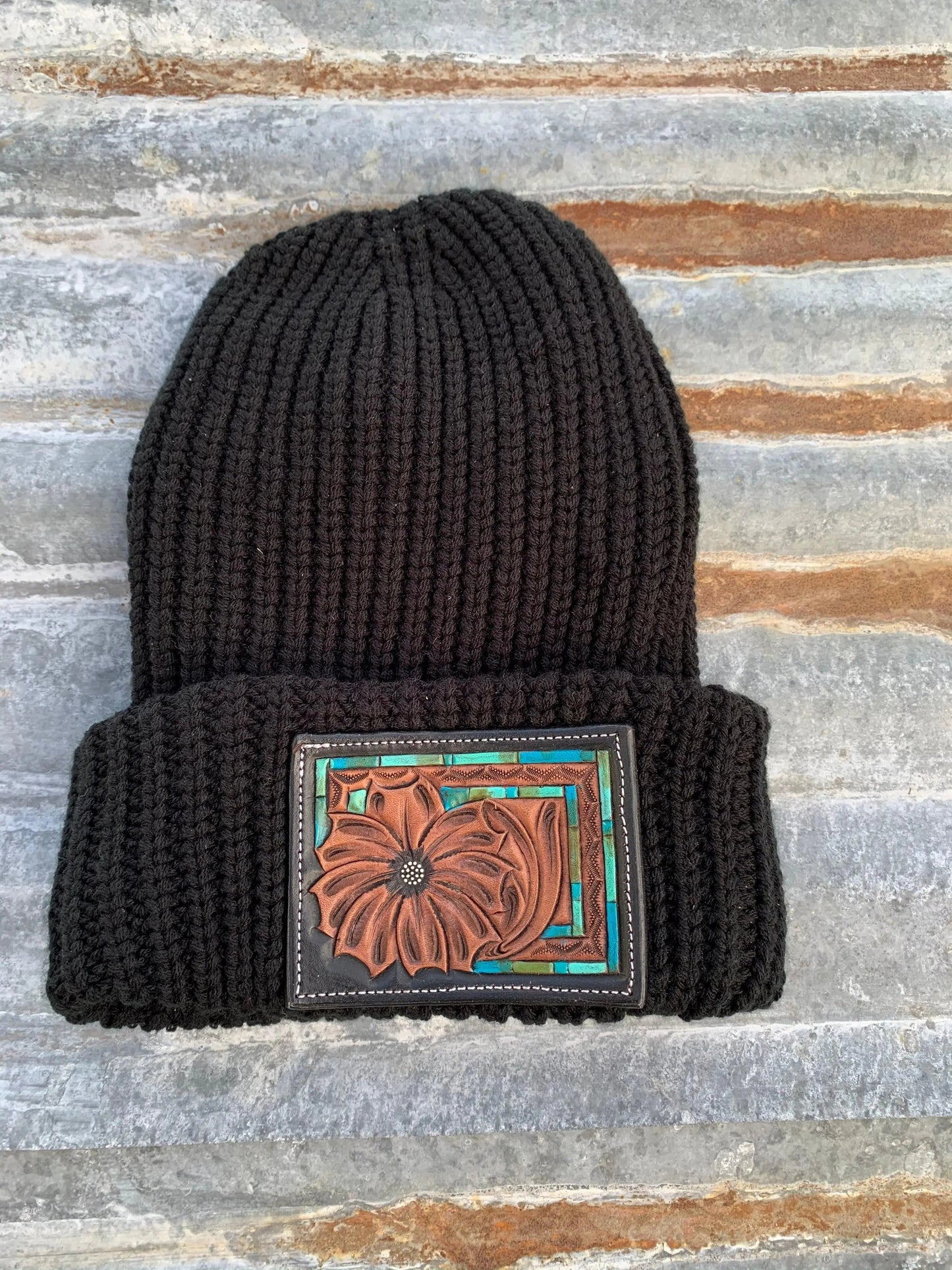 The Daisy Handtooled Leather Patch Beanie, Oversized in Turquoise and Southwest Border