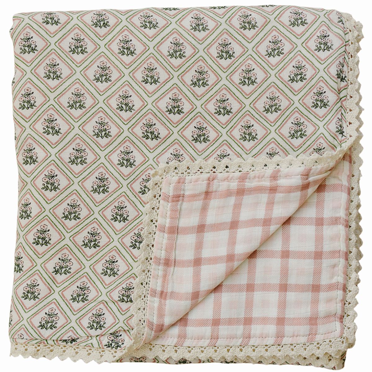 Country Garden Floral + Pink Gingham Lace Muslin Quilt